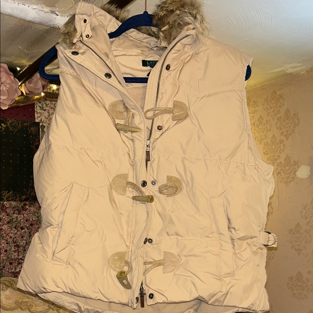 Lauren Ralph Lauren Tan Puffer Vest with Faux Fur